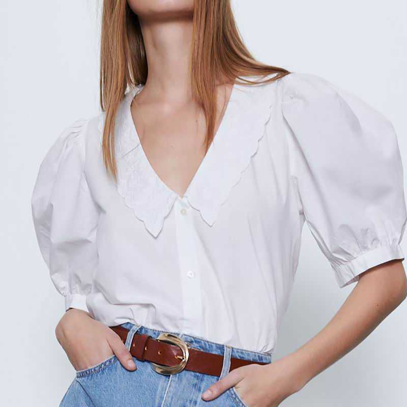 Women White Shirt Summer Fashion Half Sleeve Short Tops Modern Lady Embroidery Blouse 210602