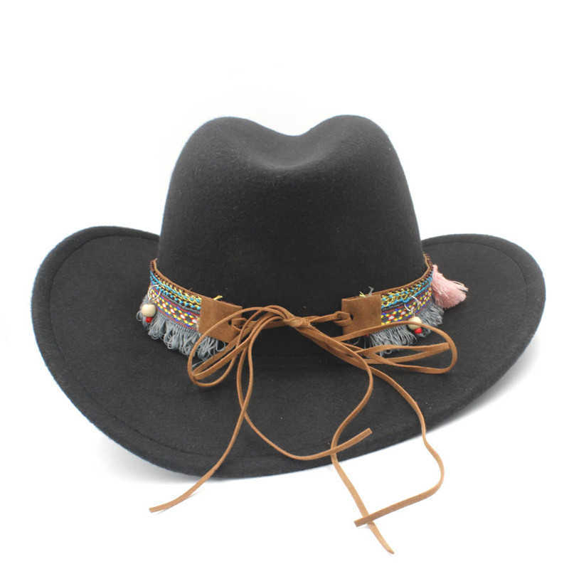 Child Wool Hollow Western Cowboy Hat with Tassel Belt Kids Girl Jazz Hat Cowgirl Sombrero Cap Size 52-54cm for 4-8 Years Q0805