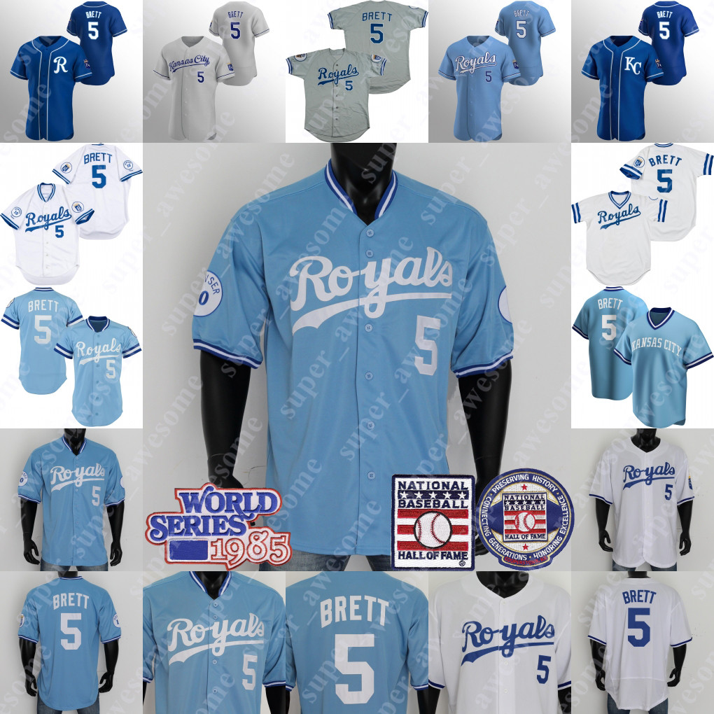 5 George Brett Jersey Hall Of Fame Baseball Jerseys 1985 1987 Light Blue White Gray