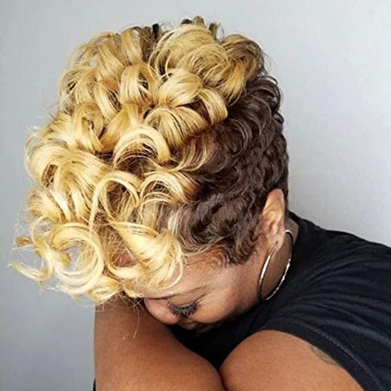 Short Hair Curly Wigs With Bangs For Women Synthetic Black White Gold Ombre Glueless Cosplay Wig High Temperature 0887
