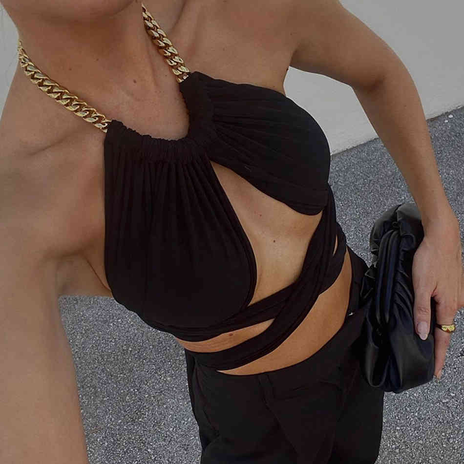 Summer Women Hater Backless Mini Tops Sexy Sleeveless Black Hollow Out Club Party Fashion Lady Shirts Crop 210423
