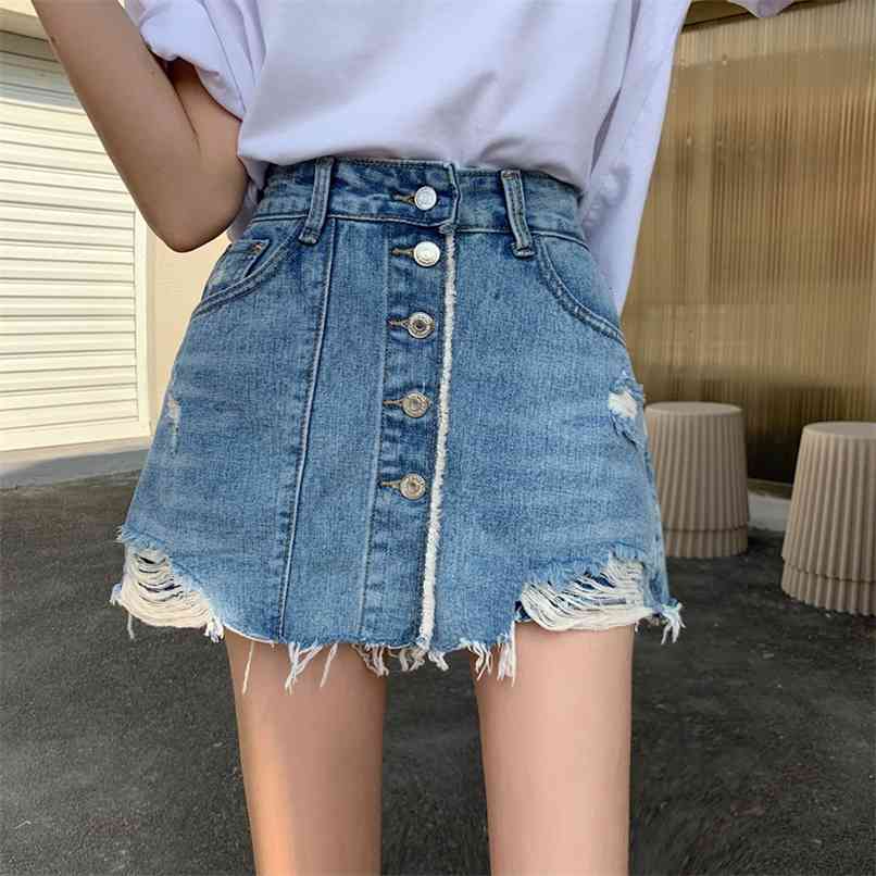 Vintage Ripped Hollow Out Jeans Shorts for Girls Women Summer Single-Breasted High Waist Denim Skirt Plus 210601