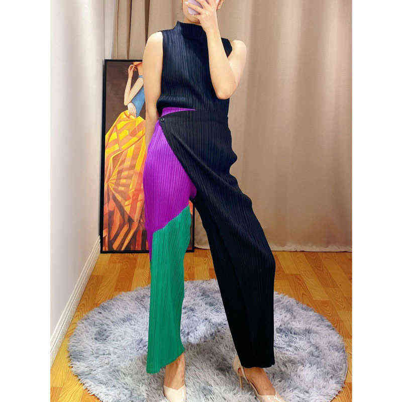 DEAT Woman Pleated Wide Leg Pants Hit Color Patchwork One Button Elastic Waist Nine Length Casual Style Autumn 15XF813 211115