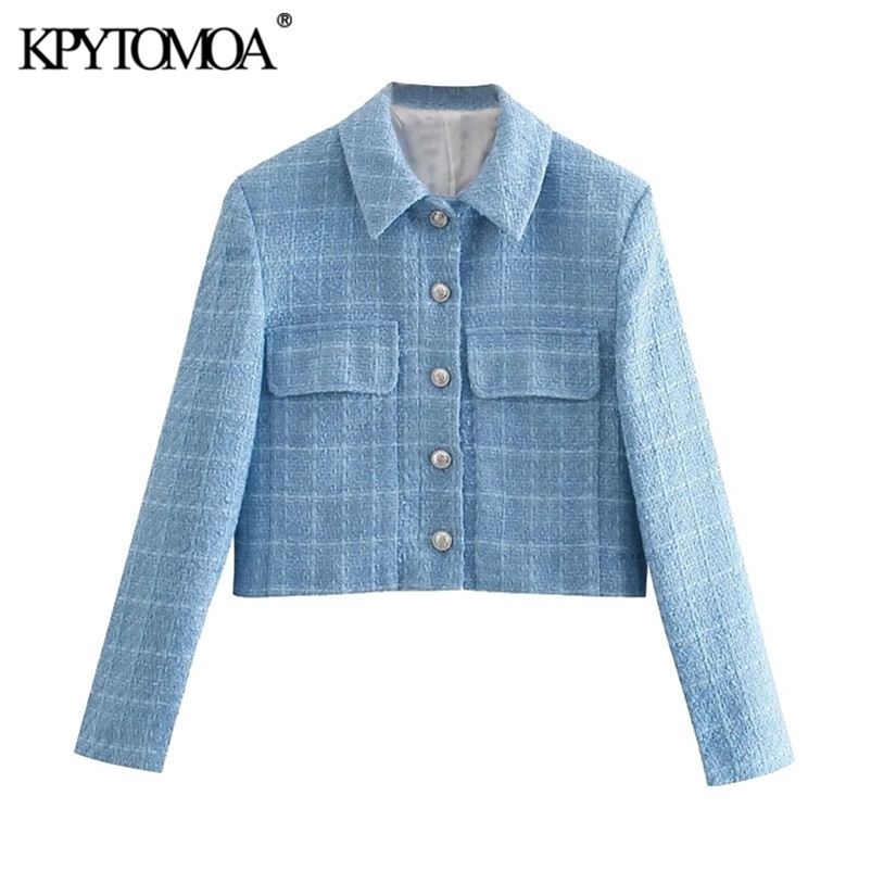 KPYTOMOA Women Fashion Single Breasted Tweed Cropped Blazer Coat Vintage Long Sleeve Pockets Female Outerwear Chic Veste 211116