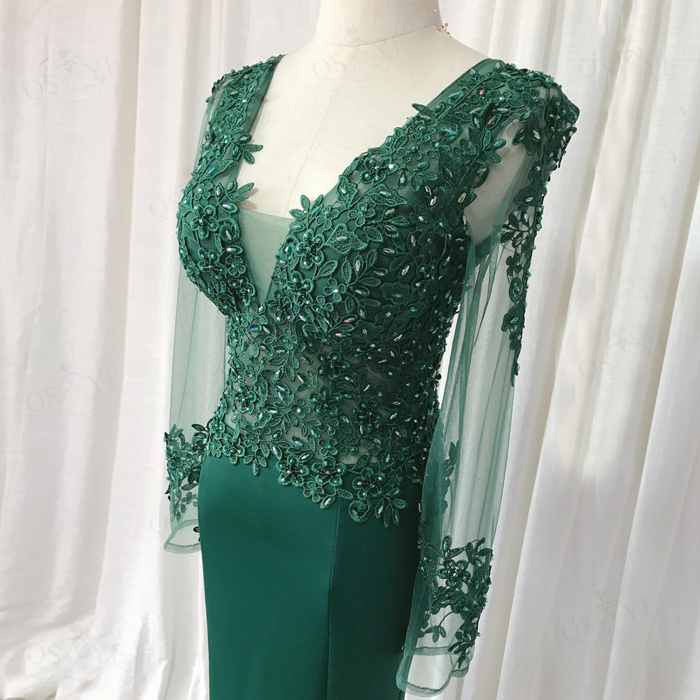 Green Prom Dresses 2022 Elastic Mermaid Long Dress Women Appliques Lace Formal Party Gown Long Sleeves V Neck Emerald Evening