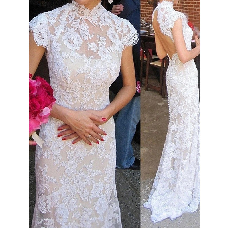 Full lace High Neck Mermaid Wedding Dresses cap Sleeves Sexy Backless Bridal Gowns, White
Full lace High Neck Mermaid Wedding Dresses cap Sleeves Sexy Backless Bridal Gowns, White
