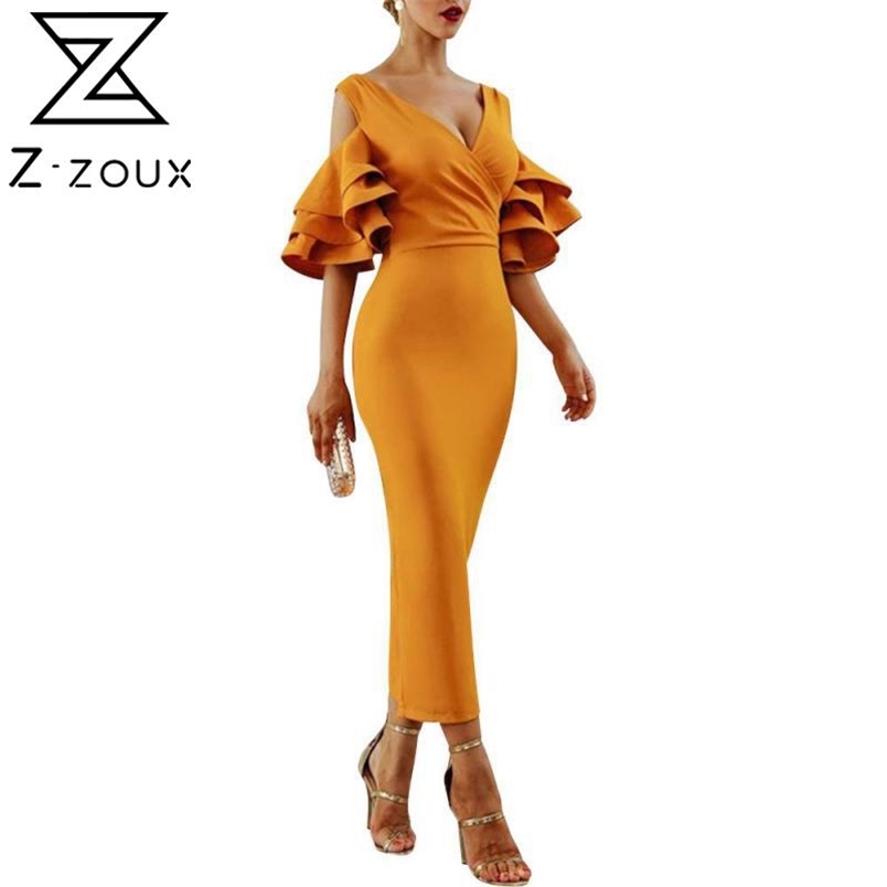 Women Dress V Neck Pile Up Sleeves Maxi es Solid Temperament Party es Off Shoulder High Waist Sexy Summer 210513
