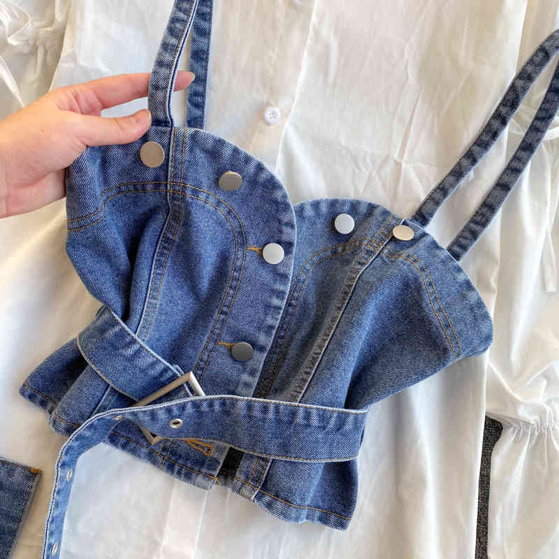 Nomikuma Korean Elegant Women 2piece Blouse Sets Tie Puff Sleeve Ruffle Turn-down Collar Blouse + Sashes Slim Demin Vest 6D904 210427