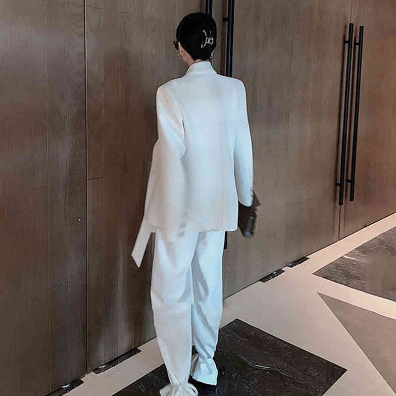 VGH White Elegant Two Piece Set For Women Notched Long Sleeve Lace Up Blazer High Waist Drawstring Bottom Pants Female New 210421