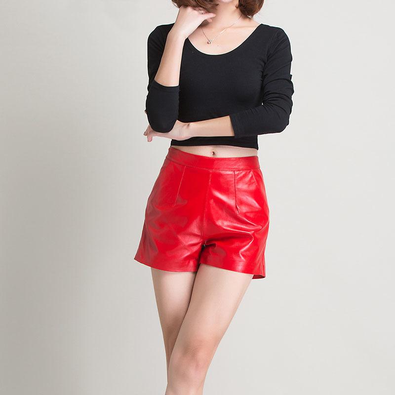 Luxury Women Genuine Leather Shorts 2021 High Waist Fitness Red Wide Leg Sheepskin Elastic Short Pants Femme Women's