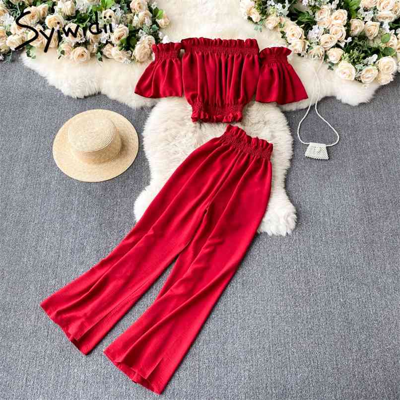 2 Piece Sets Women Summer Puff Sleeve Off Shoulder Short Shirts and Wide Leg Elastic High Waist Pants Green Blue 210607, Deep blue
2 Piece Sets Women Summer Puff Sleeve Off Shoulder Short Shirts and Wide Leg Elastic High Waist Pants Green Blue 210607, Deep blue