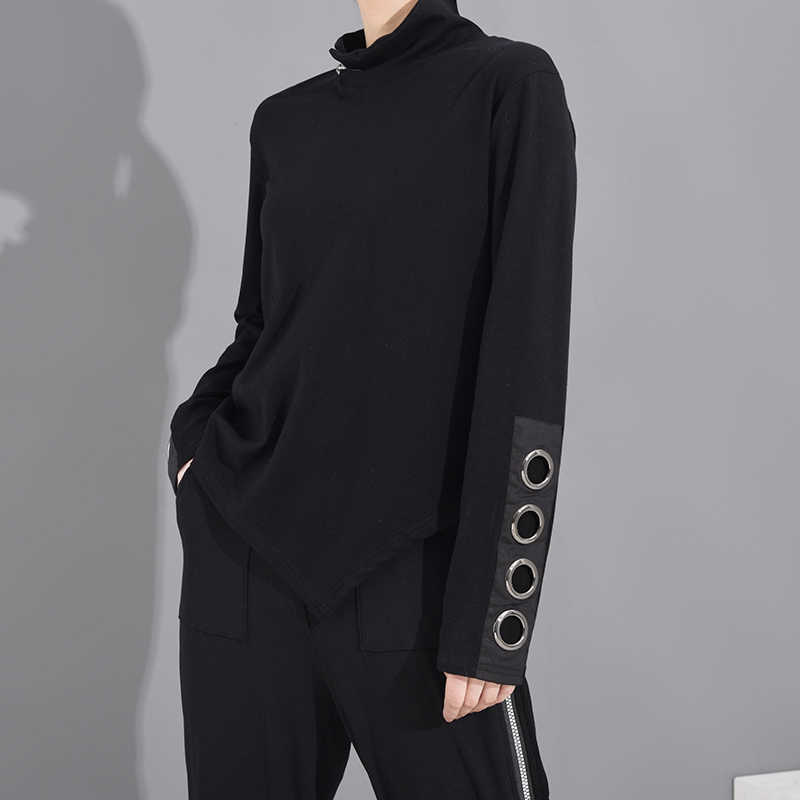 [EAM] Women Black Hollow Out Asymmetrical Split Joint T-shirt Stand Collar Long Sleeve Fashion Spring Autumn 1M87401 210720