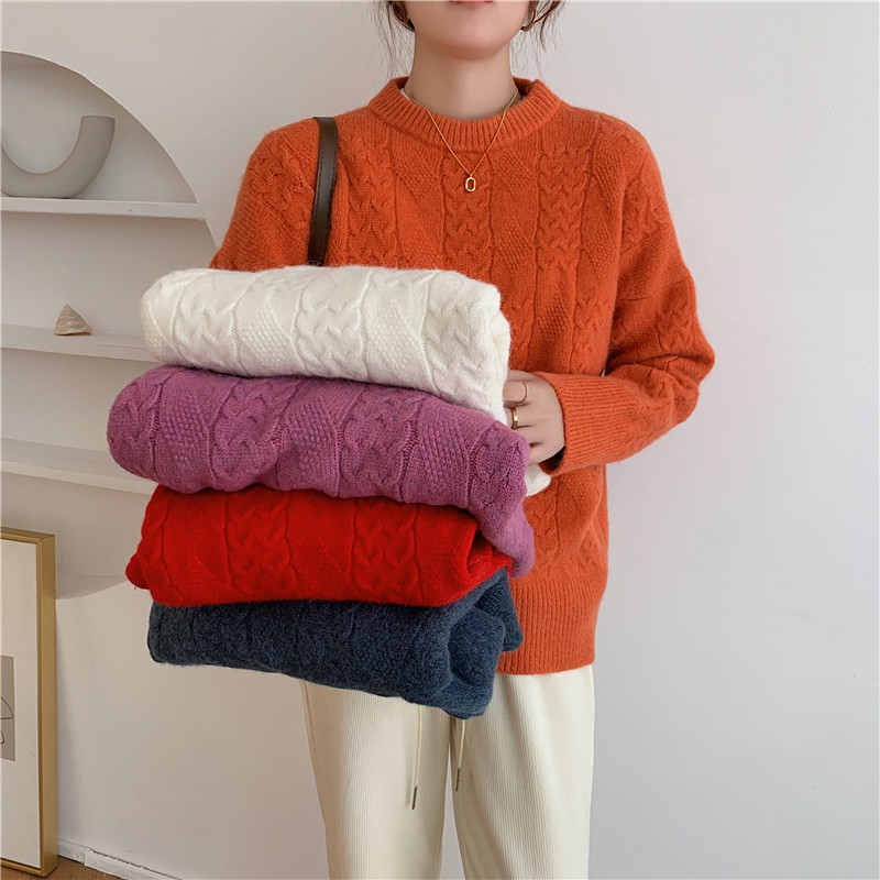 Twisted Knitted Women Sweater Pullover Full Sleeve O-neck Loose Solid Tops Korean Fashion Ladies Jumpers Femme 210514