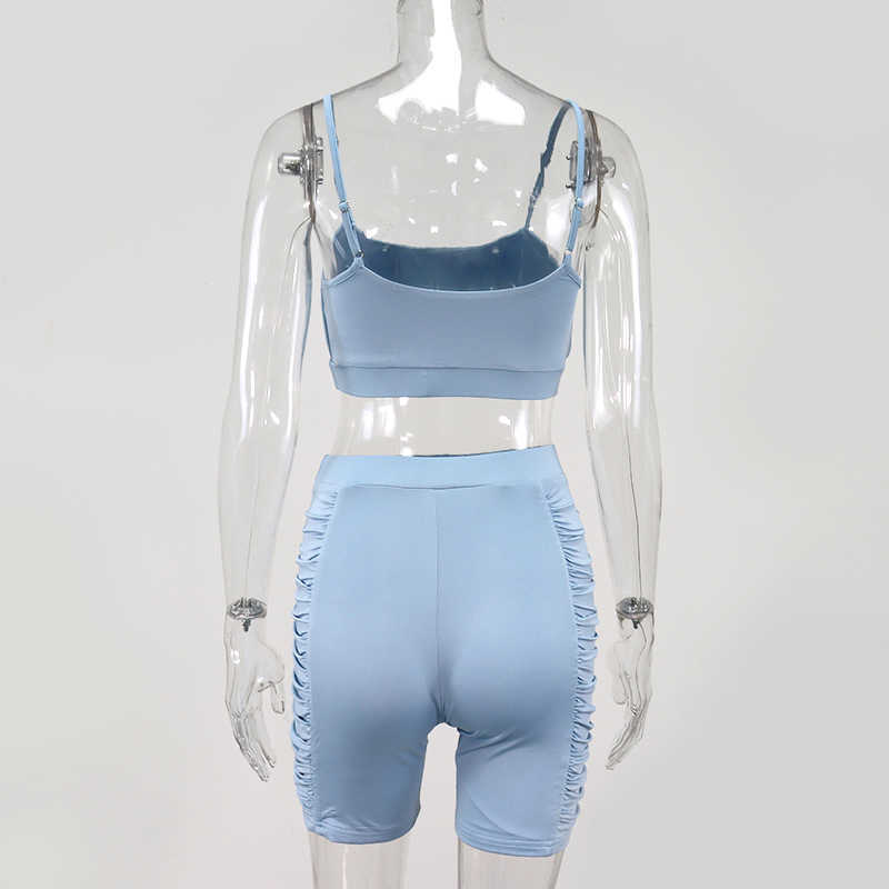 Colysmo Ruched Crop Top And Biker Shorts Two Piece Set Women Tracksuit Summer Solid Color Bodycon 2 Loungewear 210527