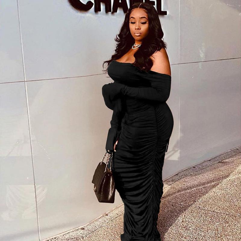 Women's Dresses Frill Off Shoulder Slim Long Dress Slash Neck Evening Party Bodycon Ruffles Solid Backless 2021 Casual