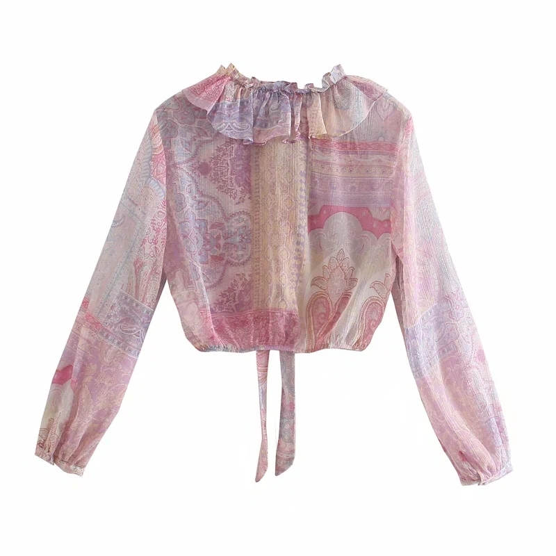 Summer Women Paisley Print V Neck Cascading Ruffle Short Shirt Female Nine Quarter Sleeve Blouse Lady Crop Tops Blusas S8902 210430