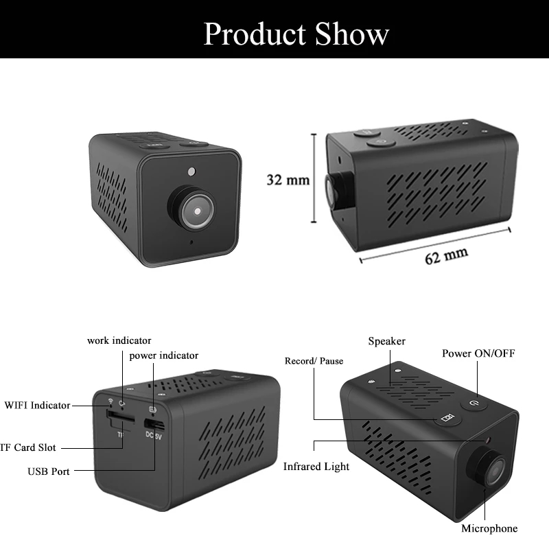 1080P mini ip camera WIFI CCTV Nanny Cam Battery Onvif TF Video Camcorder Audio Home Security Smart life Alexa Google 
1080P mini ip camera WIFI CCTV Nanny Cam Battery Onvif TF Video Camcorder Audio Home Security Smart life Alexa Google