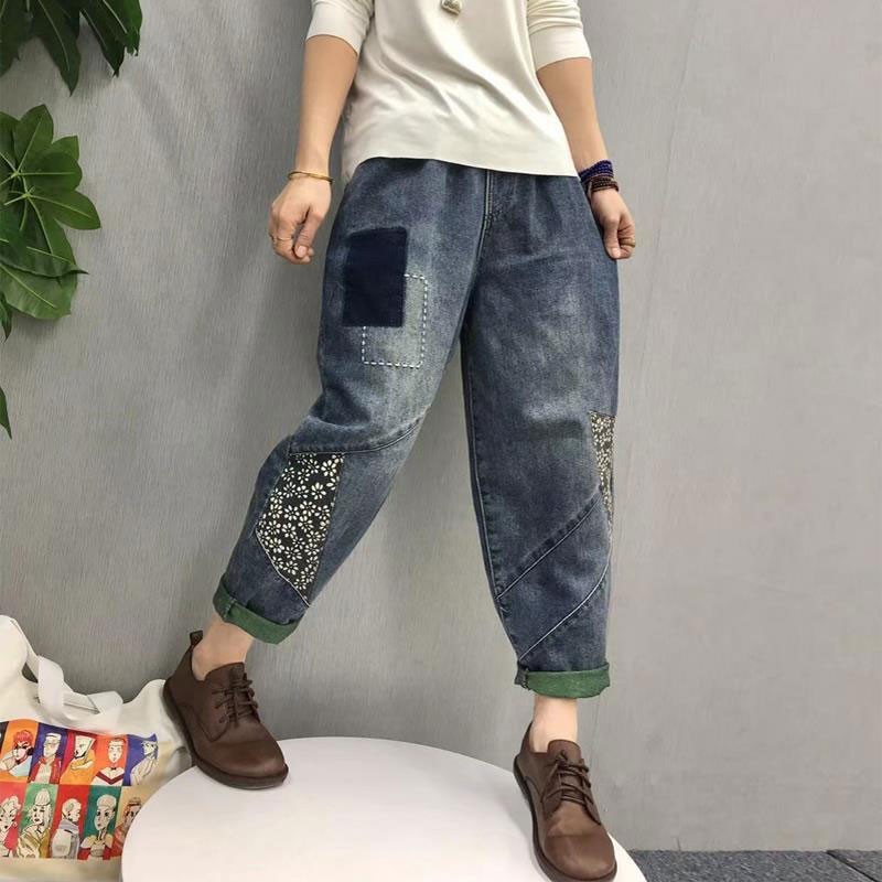 Arrival Spring Arts Style Women Elastic Waist Loose Embroidery Jeans Patchwork Print Vintage Cotton Denim Harem Pants V295 210512