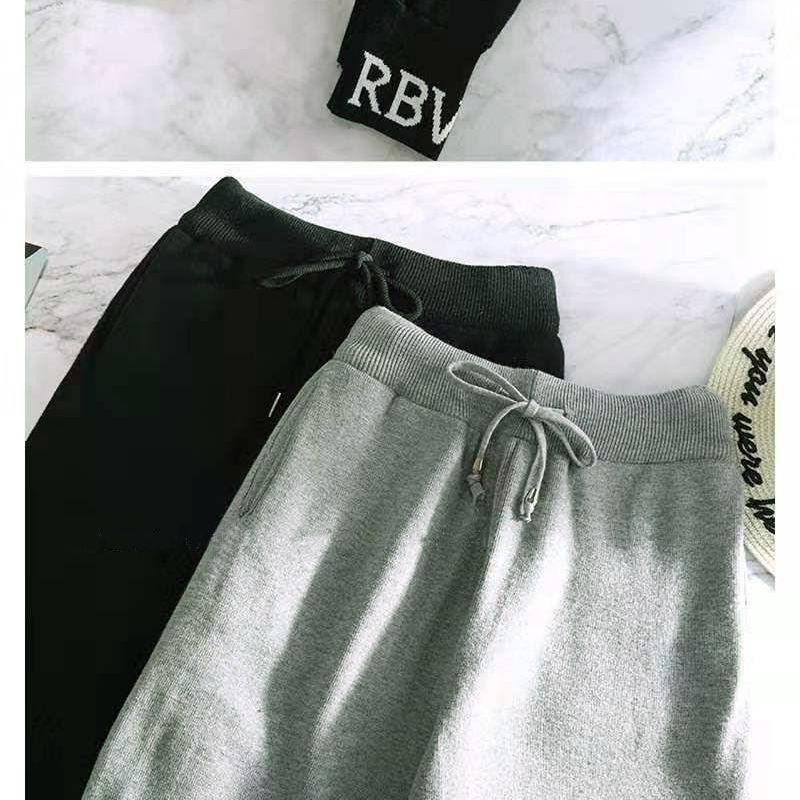 Nomikuma Autumn Winter Sweater Pants Lace Up Stretch Waist Ankle Trousers Korean Embroidery Letters Knitted Harem Pants 6C866 210427