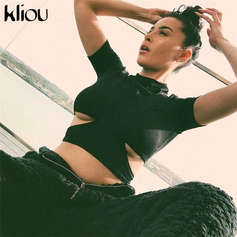 Kliou Classic Sexy Solid Black White O-Neck Short Sleeve T-Shirt Tees Women Strip Hollow Out Casual Crop Tops 210720
