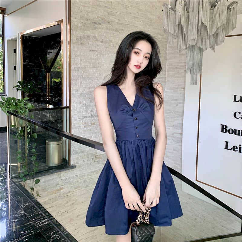 Clothing Aesthetic Dress niche waist slimming skirt summer temperament goddess sleeveless v-neck a-line dress high street 210526