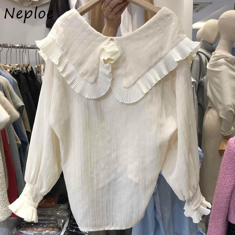 Peter Pan Collar Ruffles Patch Pulover Blouse Women Flare Long Sleeve Solid Blusas Spring Loose Shirt Feminino 210422