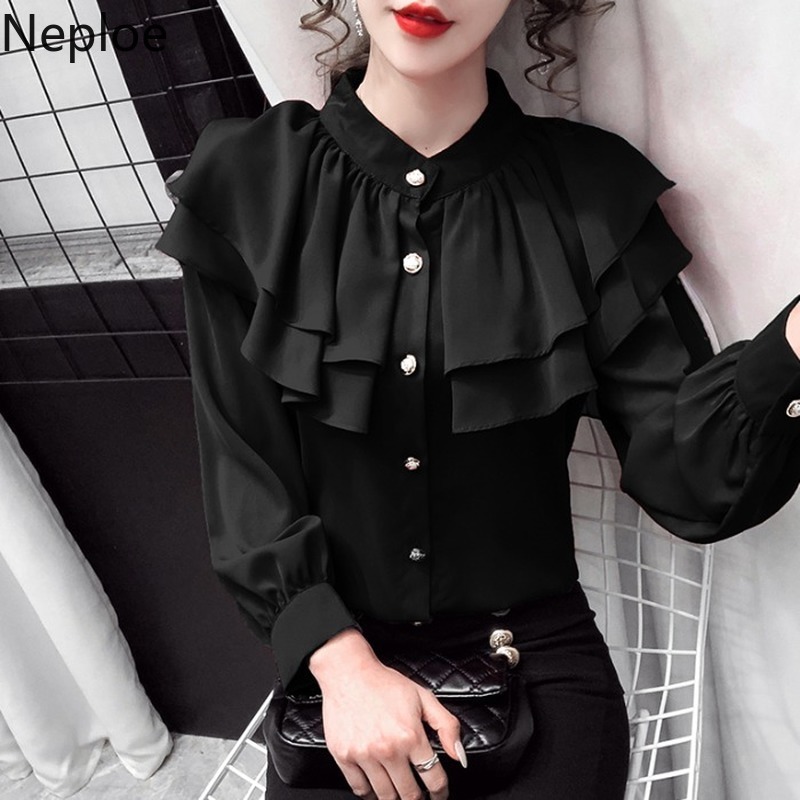 Neploe Korean Blouses Women Fashion Stand Neck Ruffles Shirt Tops Temperament Single-breasted Blouse Office Lady Blusas Mujer 210422