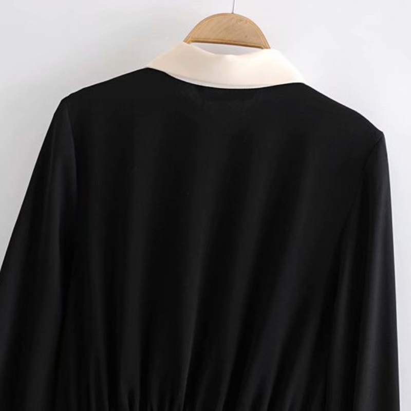Casual Woman Black Patchwork Dress Fashion Ladies Autumn TurnDown Collar es Female Elegant Long Sleeve 210515