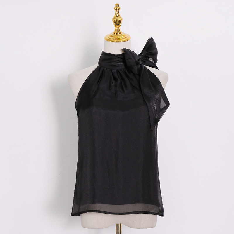 White Patchwork Bowknot Shirt For Women Stand Collar Sleeveless Elegant Blouse Female Fashion Clothing Spring 210524