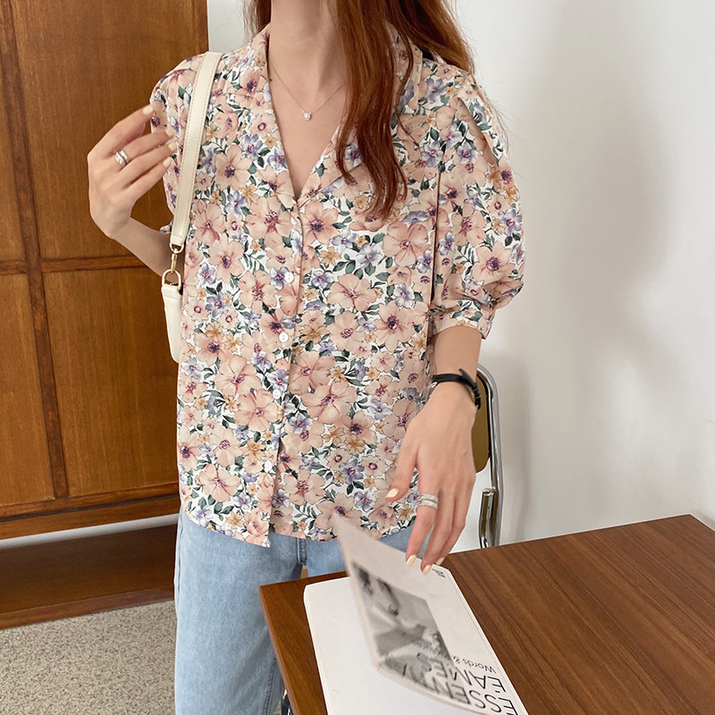 Office Lady Streetwear Florals Sweet Fashion Thin Shirt Puff Sleeves All Match Loose Women Tops Blouses 210421