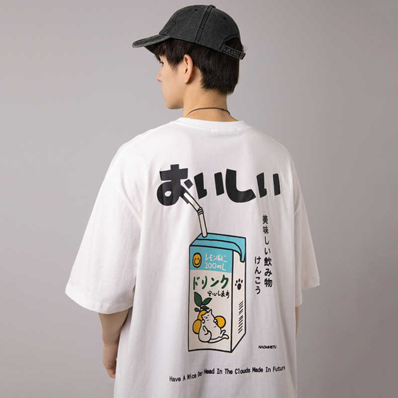 Hip Hop Tshirt Men Japanese Kanji Letter Drink Print Embroidery T Shirt Streetwear Harajuku Summer Short Sleeve T-Shirt 210707