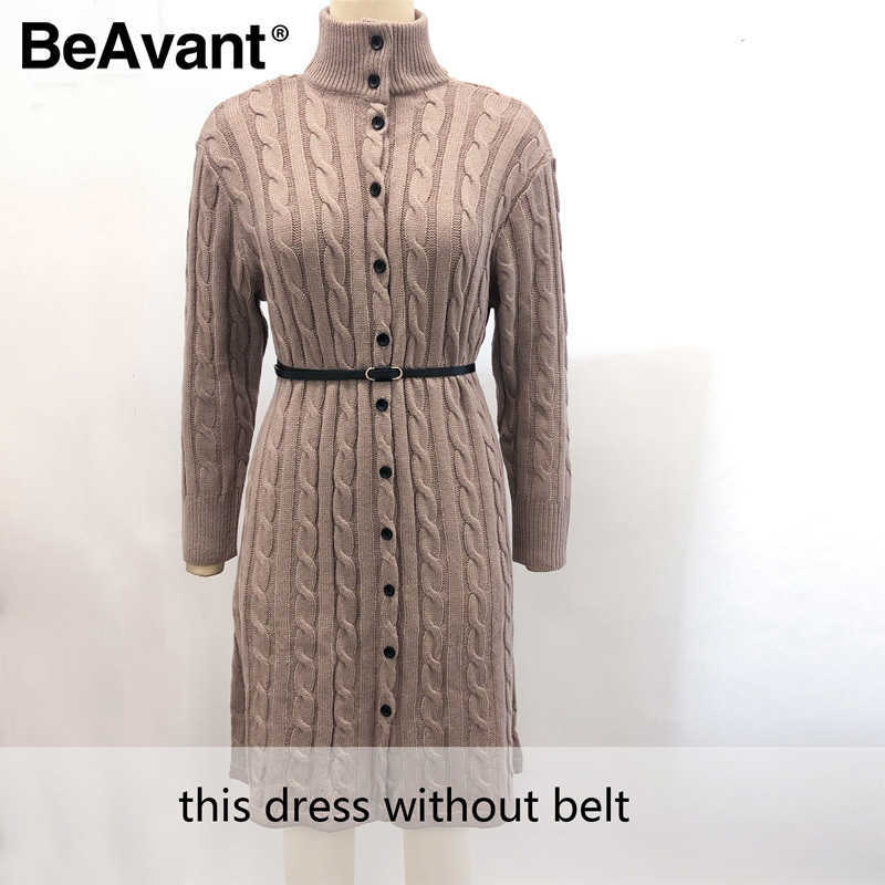 BeAvant Casual stand collar women knitted dress Autumn winter long sleeve button dress High street style female sweater dress 210709