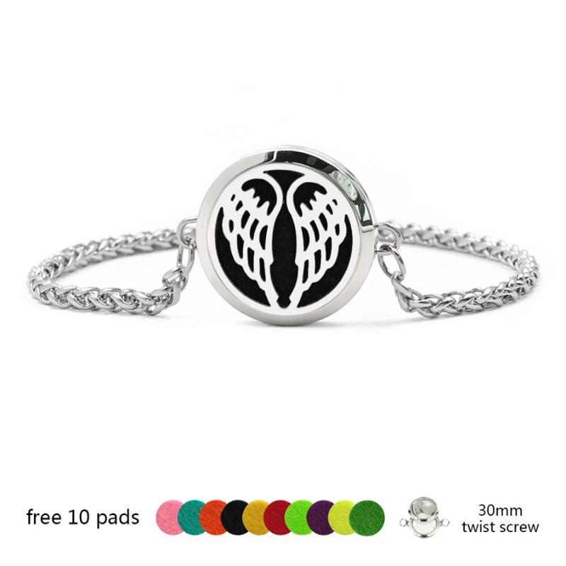 Angel Wing & Flower Perfume Bracelet Bangle Stainless Steel Aroma Locket Diffuser Twist Screw 10 Pads Link, Chain