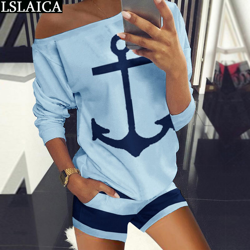 women sets short sleeve off the shoulder tops&short pants causal 2 piece anchor printing elegant two 210520