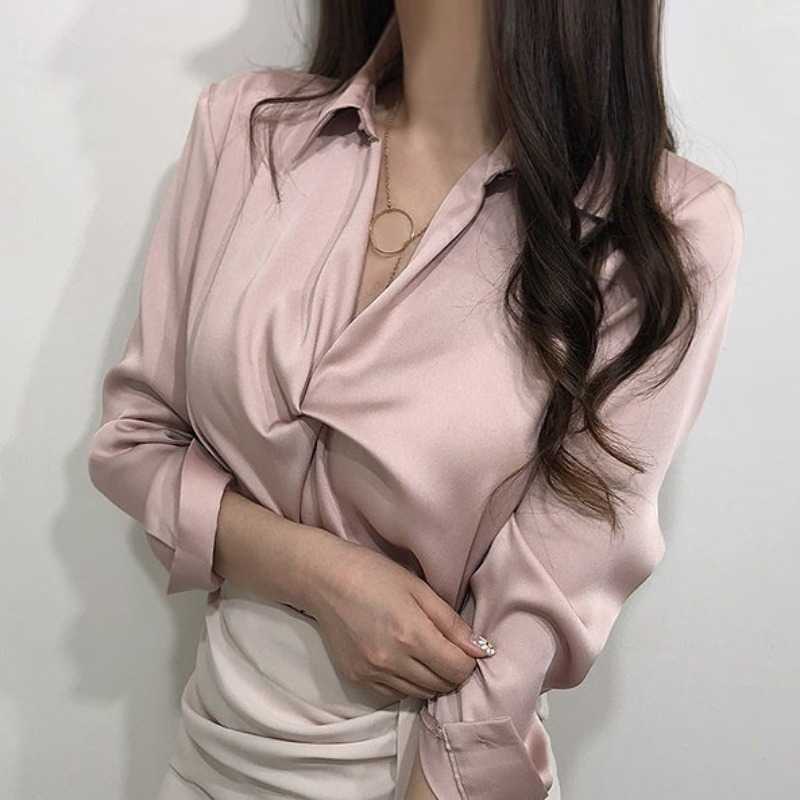 Sexy Twisted V-neck Women Satin Blouse Causal Solid Long Sleeve Elegant Shirt Spring Blusas Mujer 6G483 210603