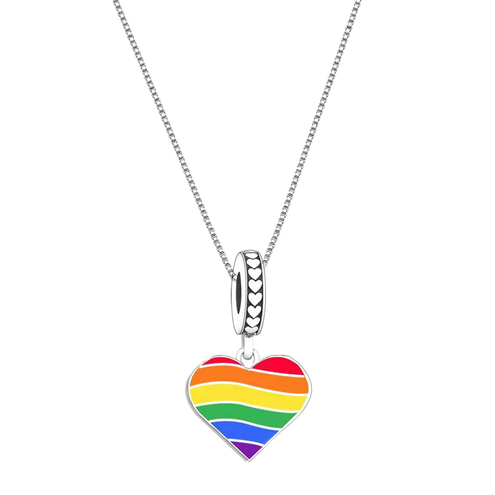 925 Sterling Silver LGBT Rainbow Love Heart Dangle Charm Beads Fit Original PAN Bracelet For Women Making Jewelry