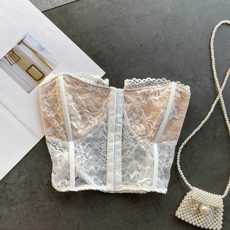 Women Fashion Ins Thin Lace Lingerie Sexy Sleeveless Bustier Corset Crop Tops Korean Clothing Camis R094 210527
