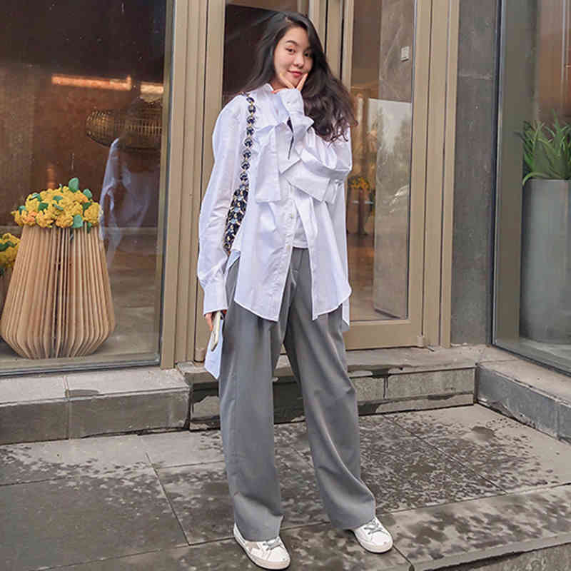 [EAM] Women White Irregular Bandage Big Size Blouse Lapel Long Sleeve Loose Fit Shirt Fashion Spring Autumn 1DD6474 21512