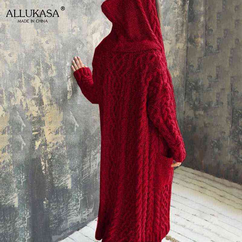 Pure color plus size long knitted cardigan women's hooded long-sleeved casual loose oversized knitted jacket for fall/winter 211117