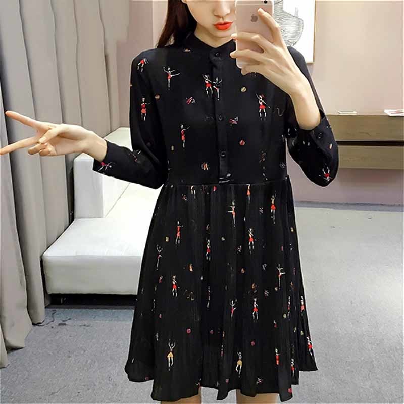 Spring Fashion Woman Long Sleeve Print Chiffon Dress Women Plus Size es Empire Button Pleated 2186 50 210518