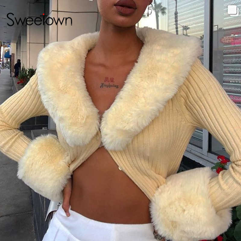 Sweetown Ribbed Knitted Ladies Cardigans Sweaters With Fur Trim Collar Long Sleeve Slim Autumn Winter Jumper Knitwear 210917