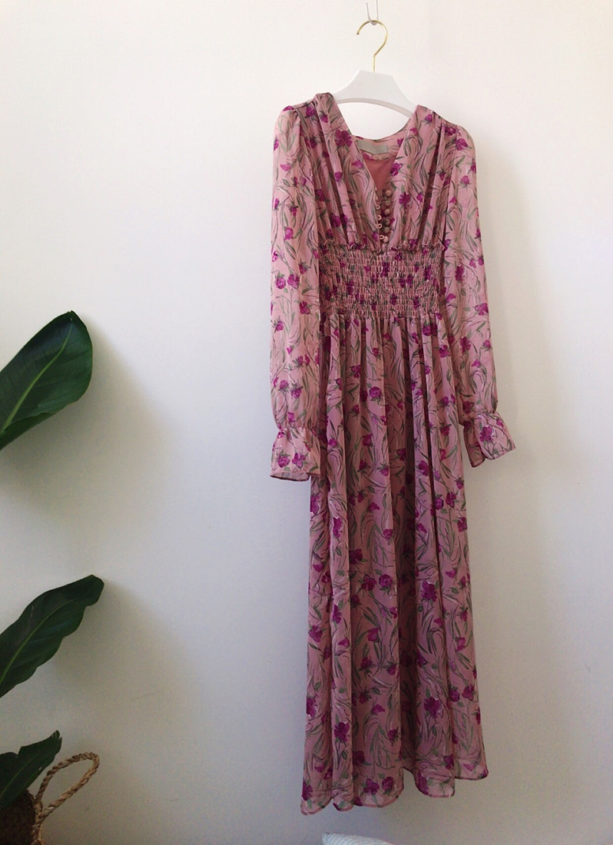 Elegant Women Chiffon Dress Autumn Fashion Female Long Sleeve Vintage Floral Print High waist Casual Chic Dresses 210518