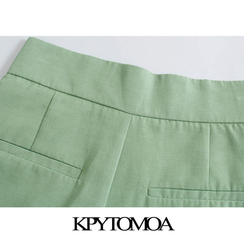 Women Chic Fashion Side Pockets Linen Bermuda Shorts Vintage High Waist Zipper Fly Female Short Pants Mujer 210416