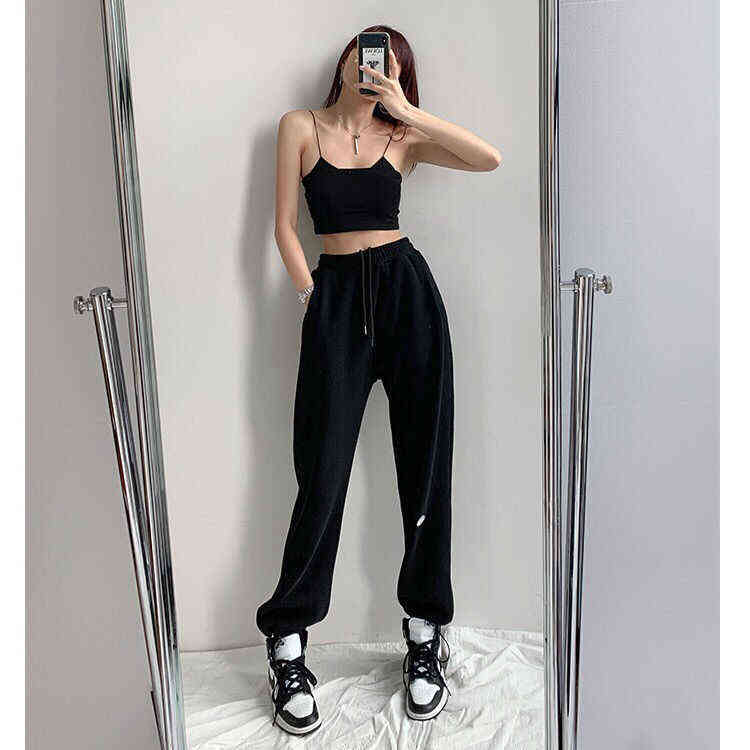 Loose women spring and autumn high-waist harem trousers padded pants pink blue solid stacked sweatpants cotton Straight 211112