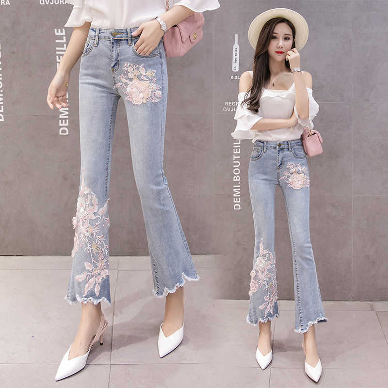 Stretchy Plus Size Women Flare Jeans Pants Pearls Tassels Flower Embroidery Denim Skinny Woman High Waist Mom 210922