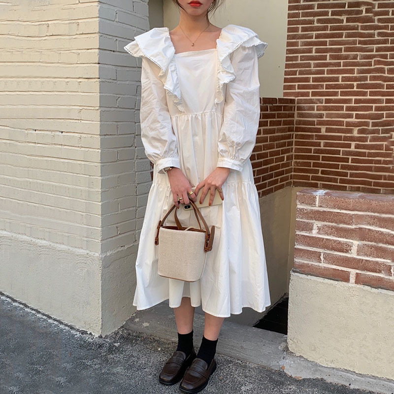 Nomikuma Korean Sweet Double Ruffle Dresses Vintage Square Collar Puff Long Sleeve Vestidos Spring New Women Dress 6E196 210427