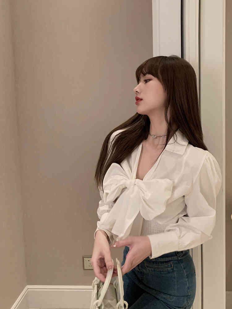 Nomikuma Korean Sweet Bow Tie Short Blouse Puff Long Sleeve V-neck Women Shirts Autumn New Slim Waist Blusas Mujer 6C808 210427