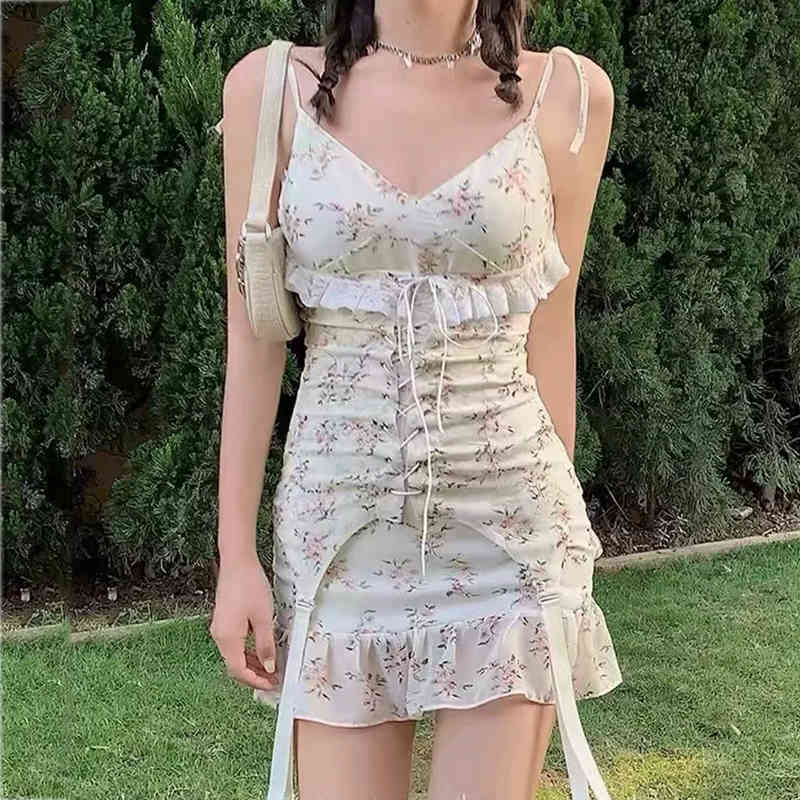 Foridol Lace Spliced Floral Print Bodycon Mini Dress Women Strappy Summer Boho Sundress Lace Up Vintage Sleeveless Dress Vestido 210415