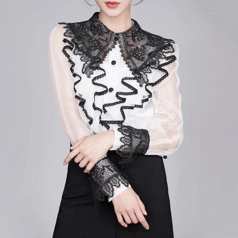 Vintage Patchwork Lace Shirt For Women Lapel Long Sleeve Casual Hit Color Slim Blouse Female Fashion Clothing 210524
