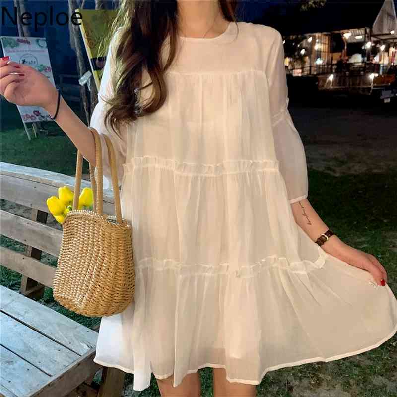 Neploe Japanese Sweet Dresses Women Summer Thin White Vestidos O-neck Short Sleeve Loose Ruffles Robe Korean Fashion Dress 210422